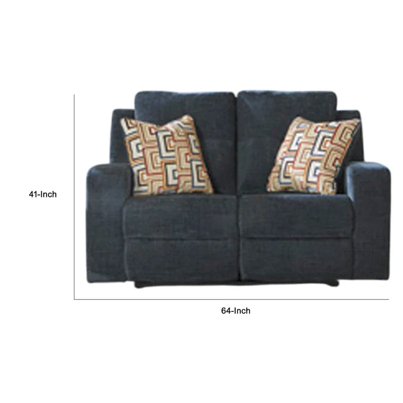 Genna Manual Reclining Loveseat, Navy Blue Fabric, 2 Pillows, 64 Inch