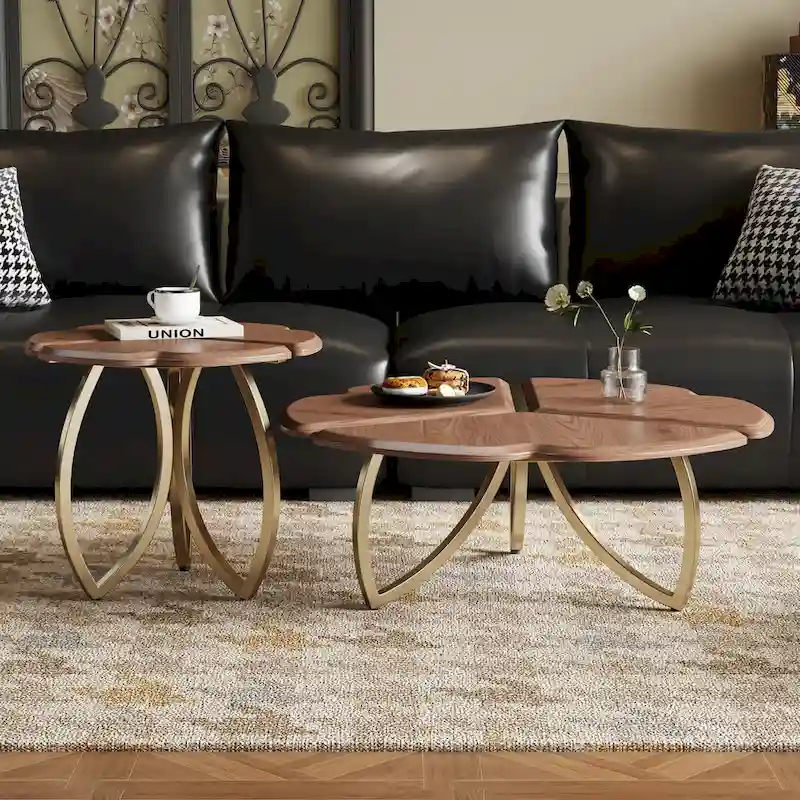 Mid-Century Round Walnut Wood Finish Nesting Coffee Table Set 2 Pieces - 39.8W * 39.8L * 15H