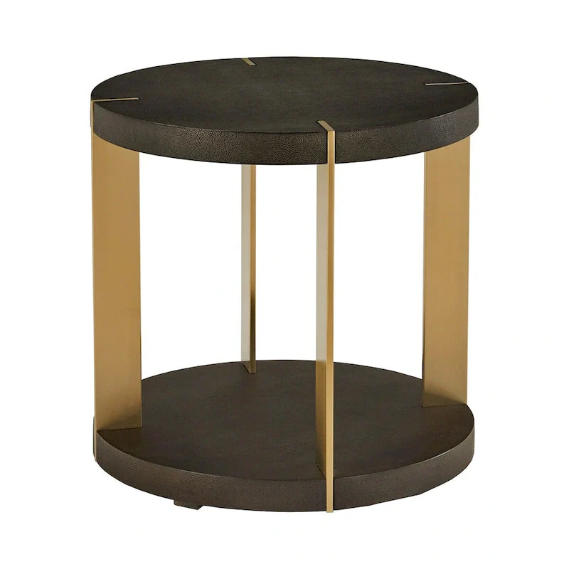 Gold Finish Metal Dark Brown Faux Shagreen Round Table Set