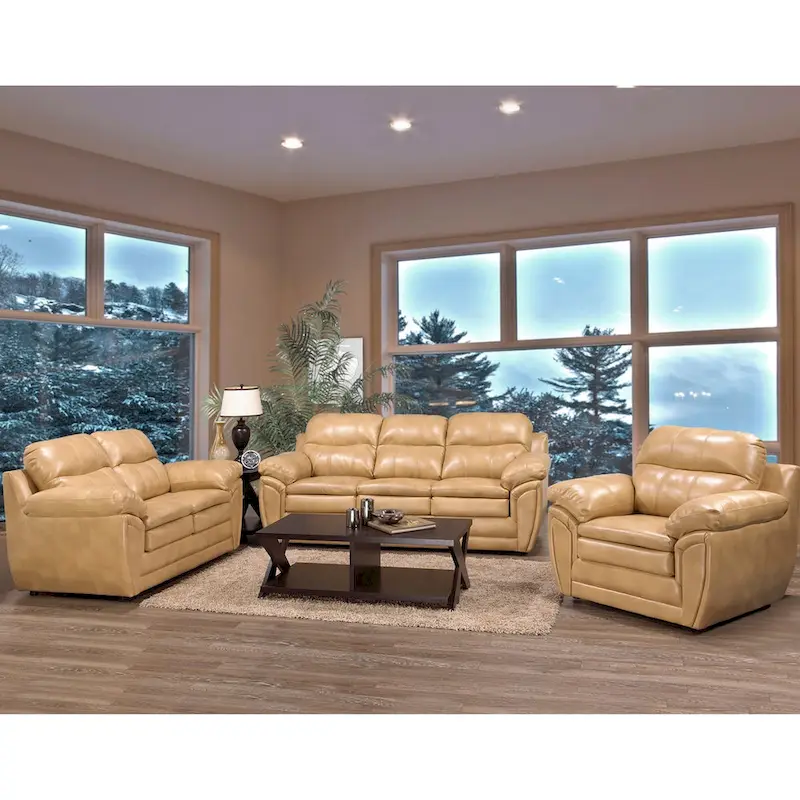 Simon Light Tan Brown Leather Gel Sofa, Loveseat and Chair Set
