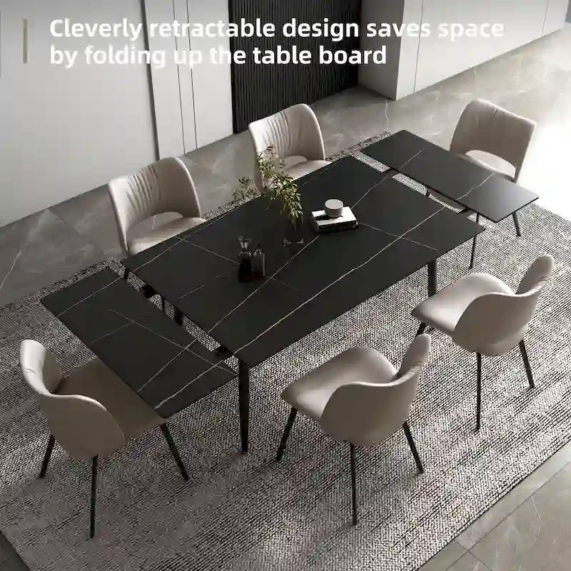 7 Piece 62.9 inch to 94.4 inch Extendable Dining Table Set with Sintered Stone Top 6 Chairs