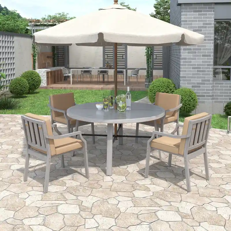 Outdoor Dinning Set 4-Person Outdoor Wooden Dinning Set with an Umbrella Hole and Removable Cushions
