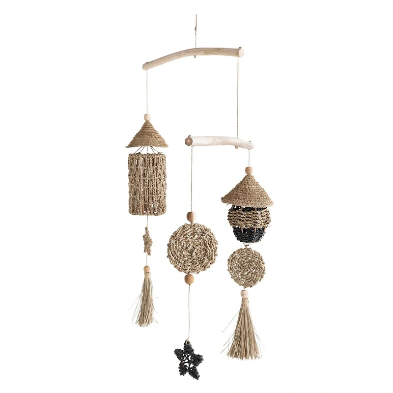 Wood and Hand-Woven Seagrass Mobile Wall Hanging - 29.5 L x 7.9 W x 45.3 H