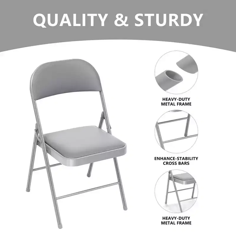 SUGIFT Folding Chairs with Padded Seats, Metal Frame with Vinyl Seat & Back, Capacity 350lbs, Gray, Set of 4