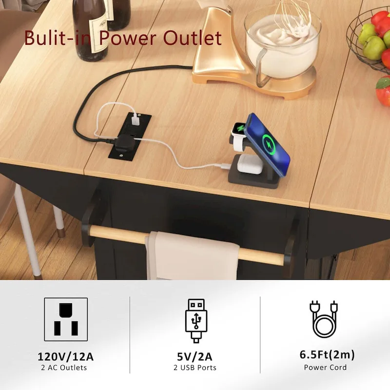 55.7Kitchen Island,2 Drop Leaf,Rolling Kitchen Cart on 5 Wheels,Power Outlet,Folding Dining Table,Spice & Towel Rack,3 Drawers