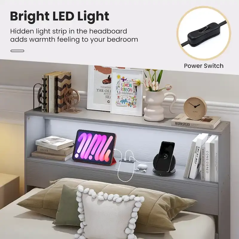 Single Wooden Bed Frame (with Charging Station and LED Lights)