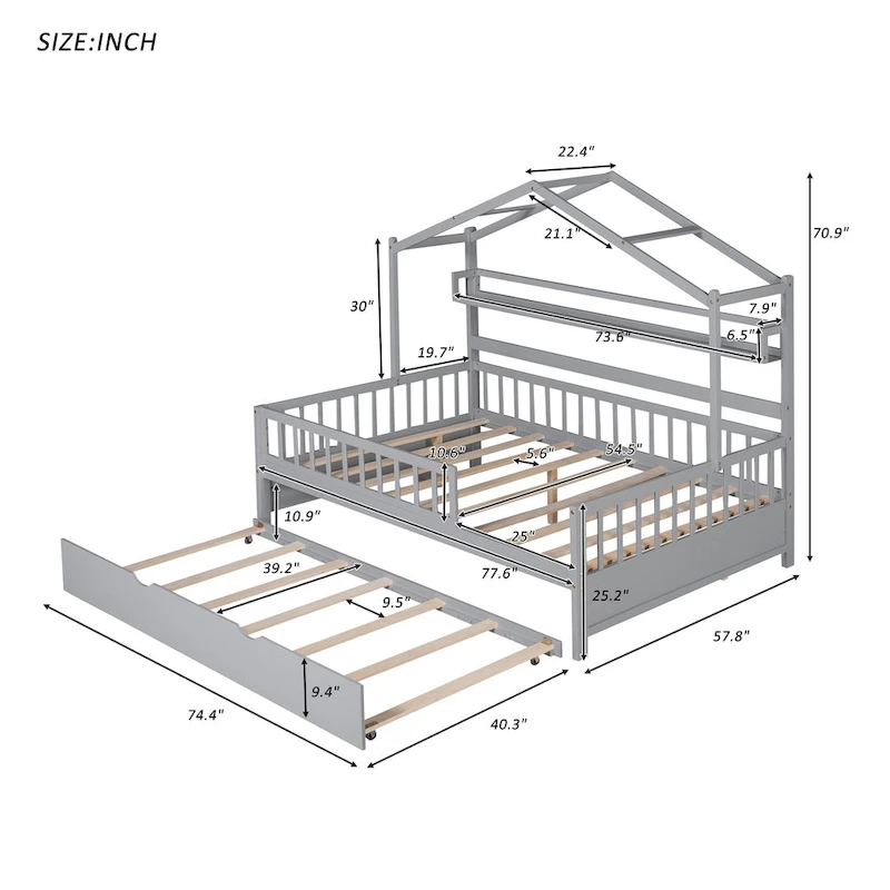 Full Size Grey Wood House-shaped Canopy Bed with Twin Trundle