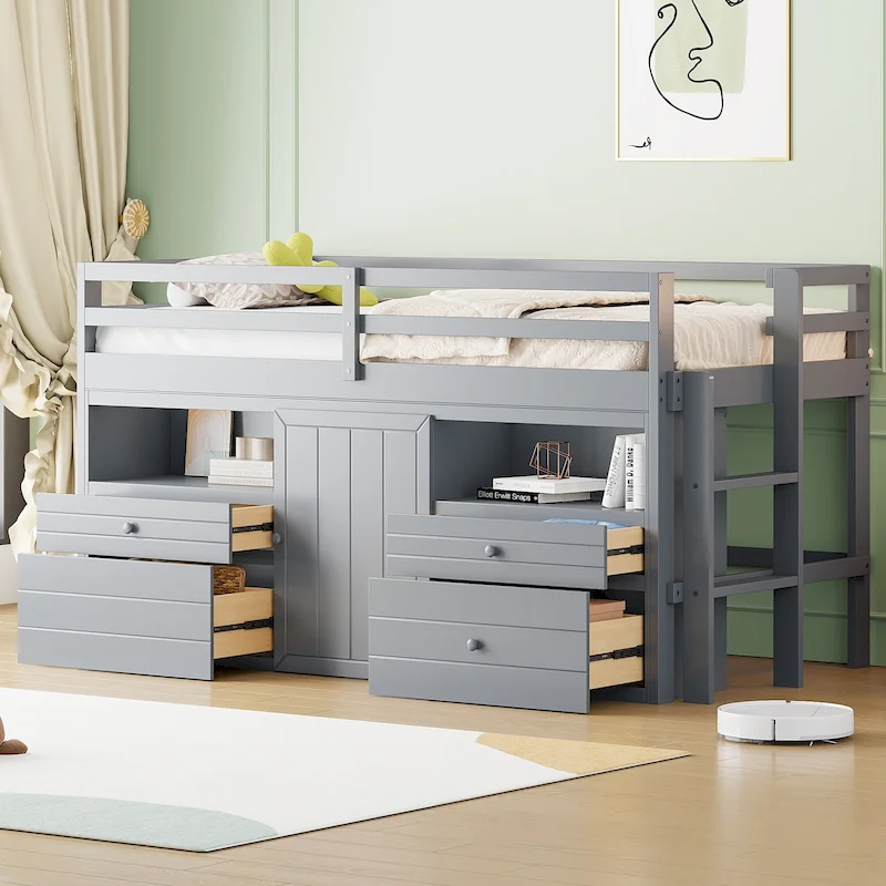 Gray Twin Size Solid Wood Loft Bed with 4 Drawers, Underneath Cabinet and Shelves