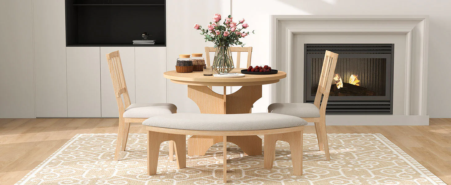 Walker Edison | Charming 5-Piece Rustic Round Dining Set with Chairs and Curved Bench