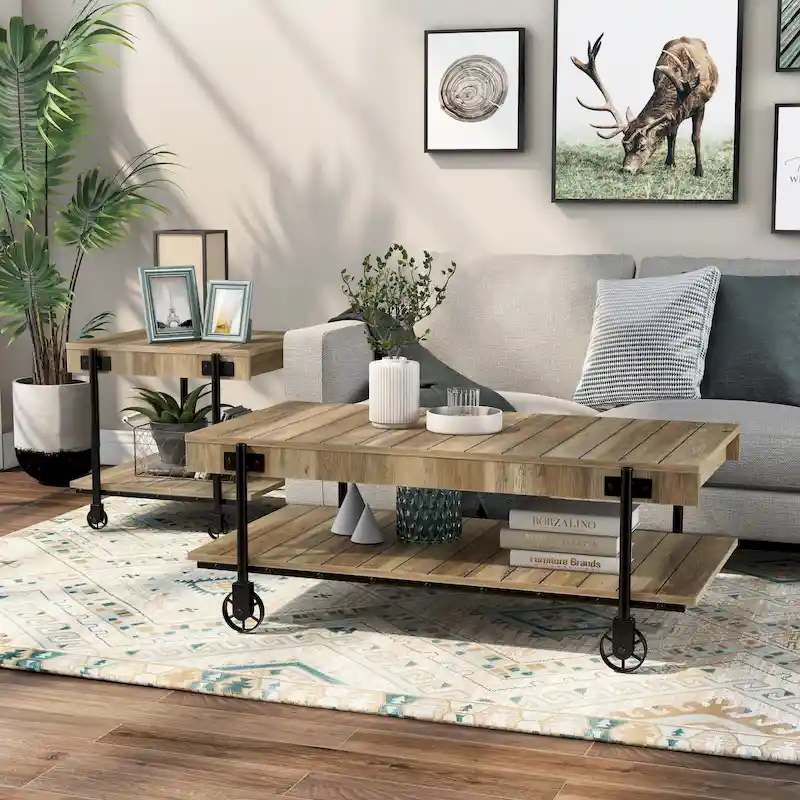 Farmhouse Steel 2-Piece Coffee Table Set with Shelf