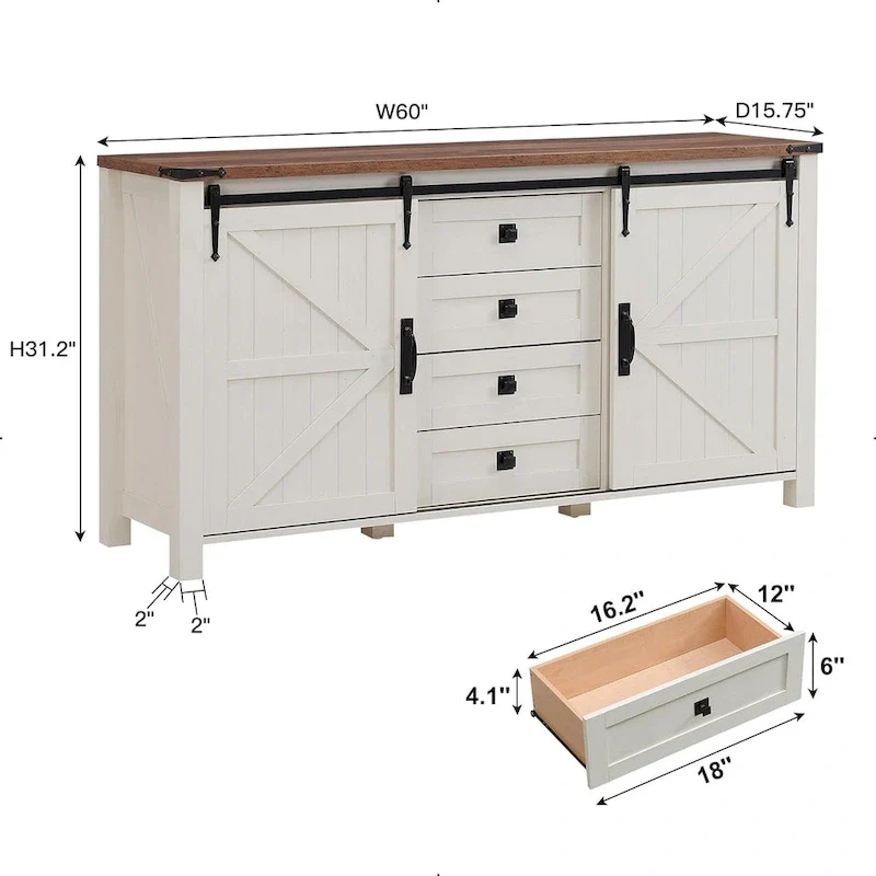 Farmhouse Dresser with 4 Drawers & 2 Sliding Cabinets, Dark Rustic Oak/Antique White/Barnwood