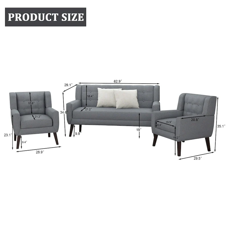 Tufted Linen/Cotton Loveseat with 2 Accent Chairs