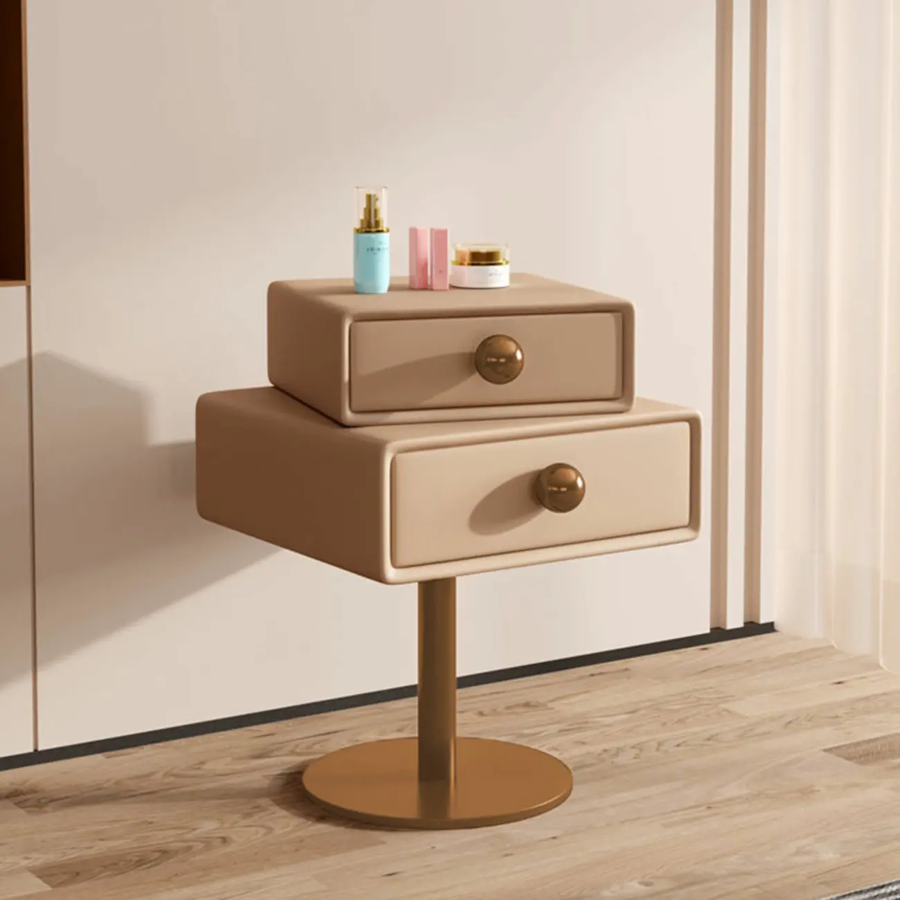 Modern Metal Faux Leather Swivel 2-Drawer Nightstand