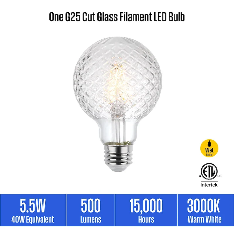 Westinghouse Lighting 5.5-Watt (40-Watt Equivalent) Clear Cut Glass G25 Dimmable Filament LED Light Bulb, Medium Base, 6 Pack