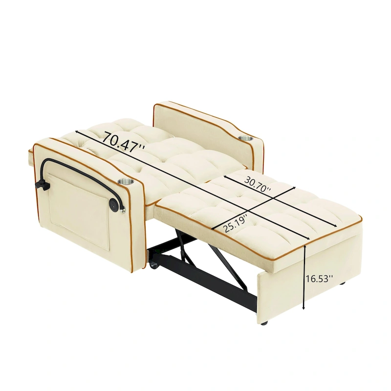 foldable sofa bed , modern sofa sofa velvet pull-out bed, adjustable back and with USB port and ashtray and swivel phone stand