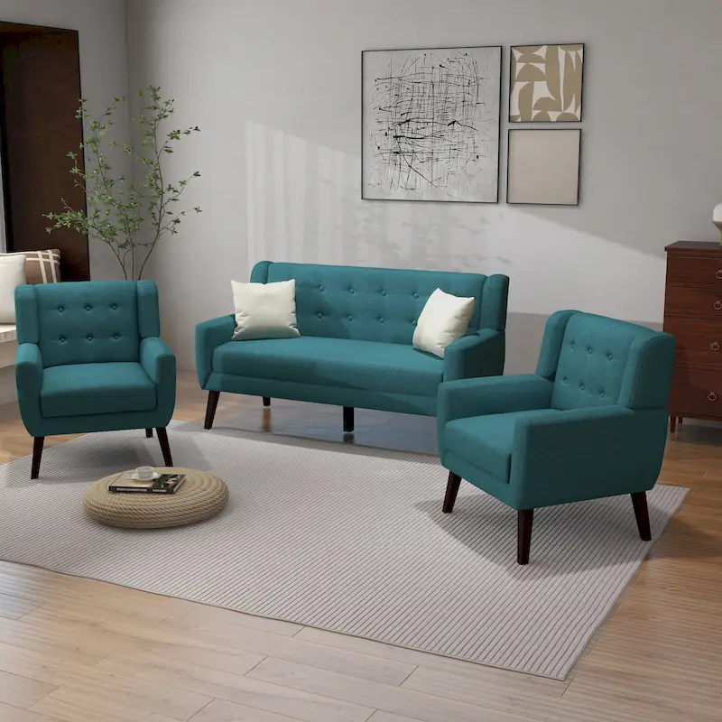 Tufted Linen/Cotton Loveseat with 2 Accent Chairs