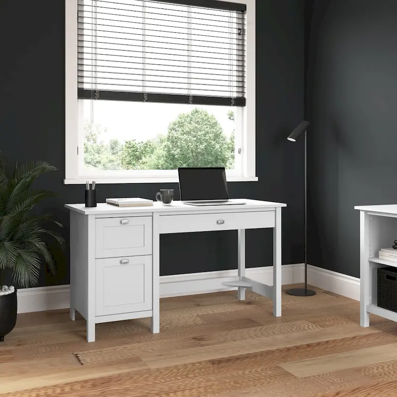 54" Computer Desk with Drawers, Pure White, File Drawer, Keyboard Tray, Contemporary