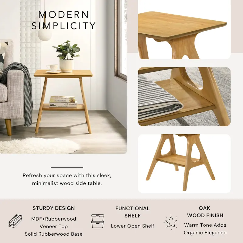 Roundhill Furniture Arona Mid-Century Modern Wood End Table with Shelf