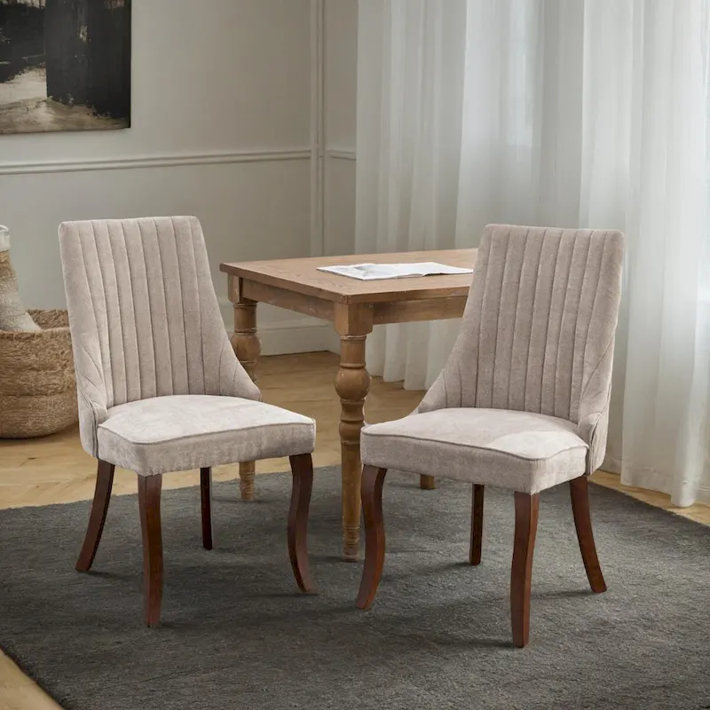 Rayon Cloth Flocking Linen Dining Chairs Channel Kitchen Dinner Upholstered Accent Chair Curved Solid Wood Legs,Set of 2