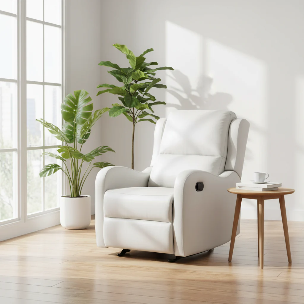 39 Inch Glider Manual Recliner Chair, Off White Faux Leather