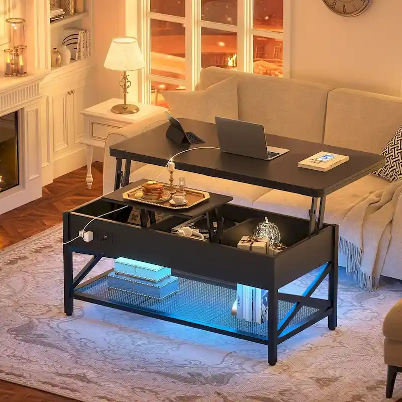 Modern Black Expandable Lift Top Coffee Table Converts to Dining Table with LED Light and Power Outlet