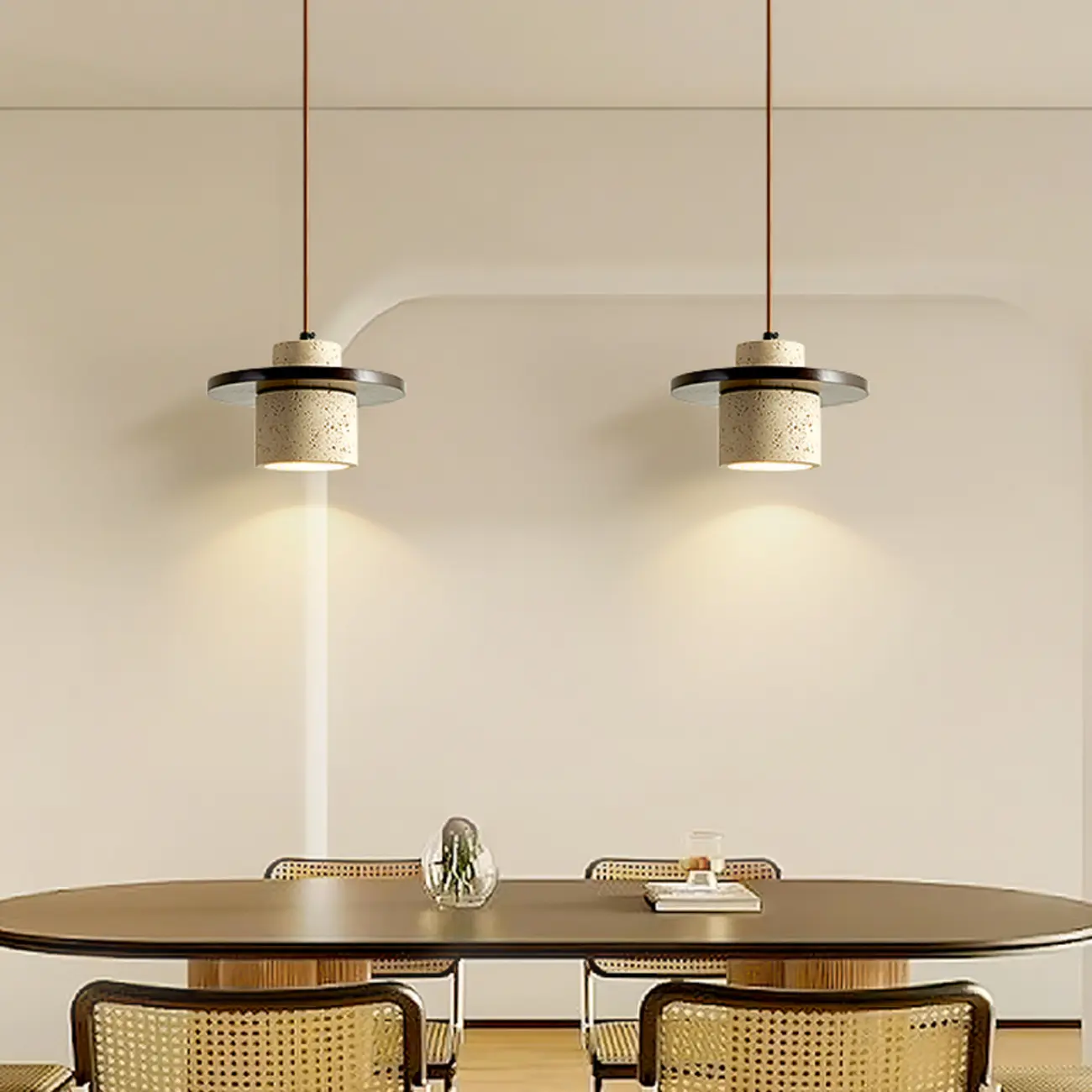 Modern Beige Stone Wood Disc Cylinder Pendant Light