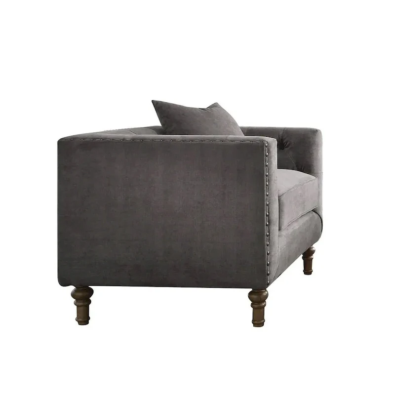 HomeRoots 41 Gray and Antiqued Brass Velvet Tufted Arm Chair And Toss Pillow - 41' X '31' X '34