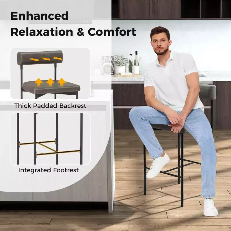 Costway 26 Upholstered Bar Stools Set of 4 with Padded Cushion & Backrest Footrest Brown/Gray
