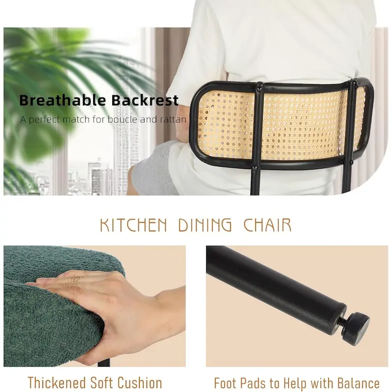 XINMICS Mid-Century Modern Dining Chairs, Boucle Upholstered Metal Side Chair with Rattan Cane Back, Set of 2 - set of 2