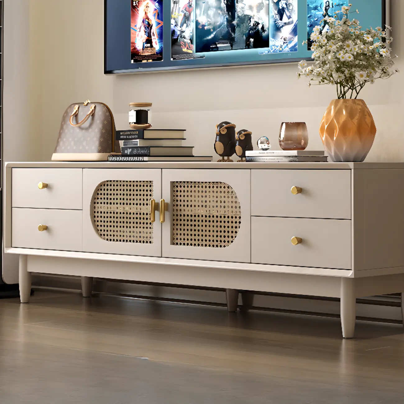 Elegant Wooden TV Stand with 4-Drawers for Living Room