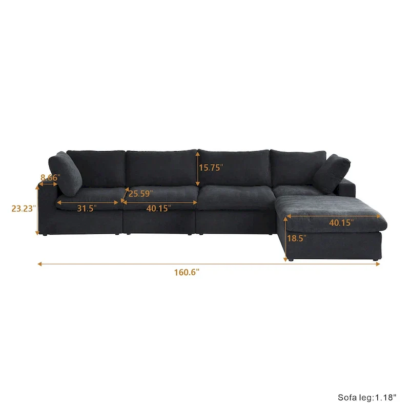 Black Commix Down Filled Overstuffed Sectional Sofa with Ottoman