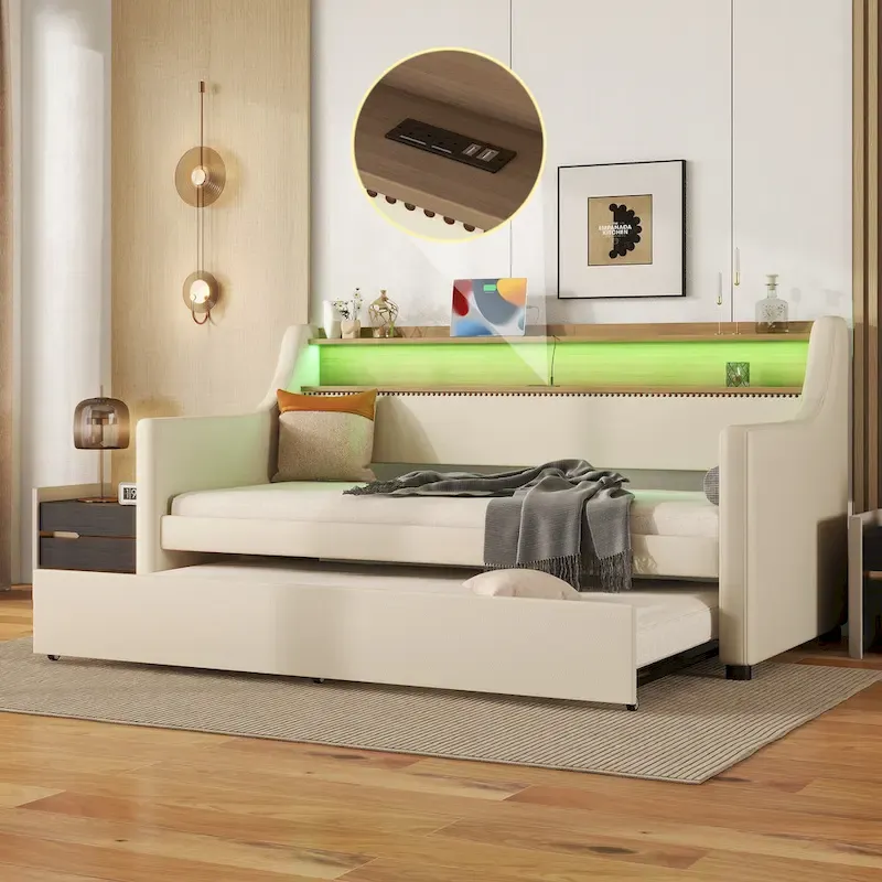 Beige Twin Size Upholstered Daybed with Trundle and LED