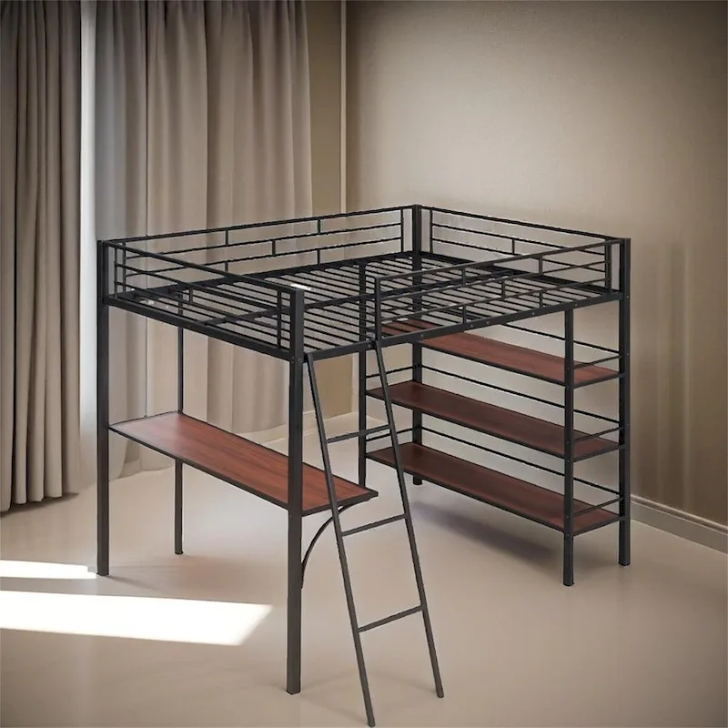 Full Size Loft Metal Bed with 3 Layers of Shelves and Desk