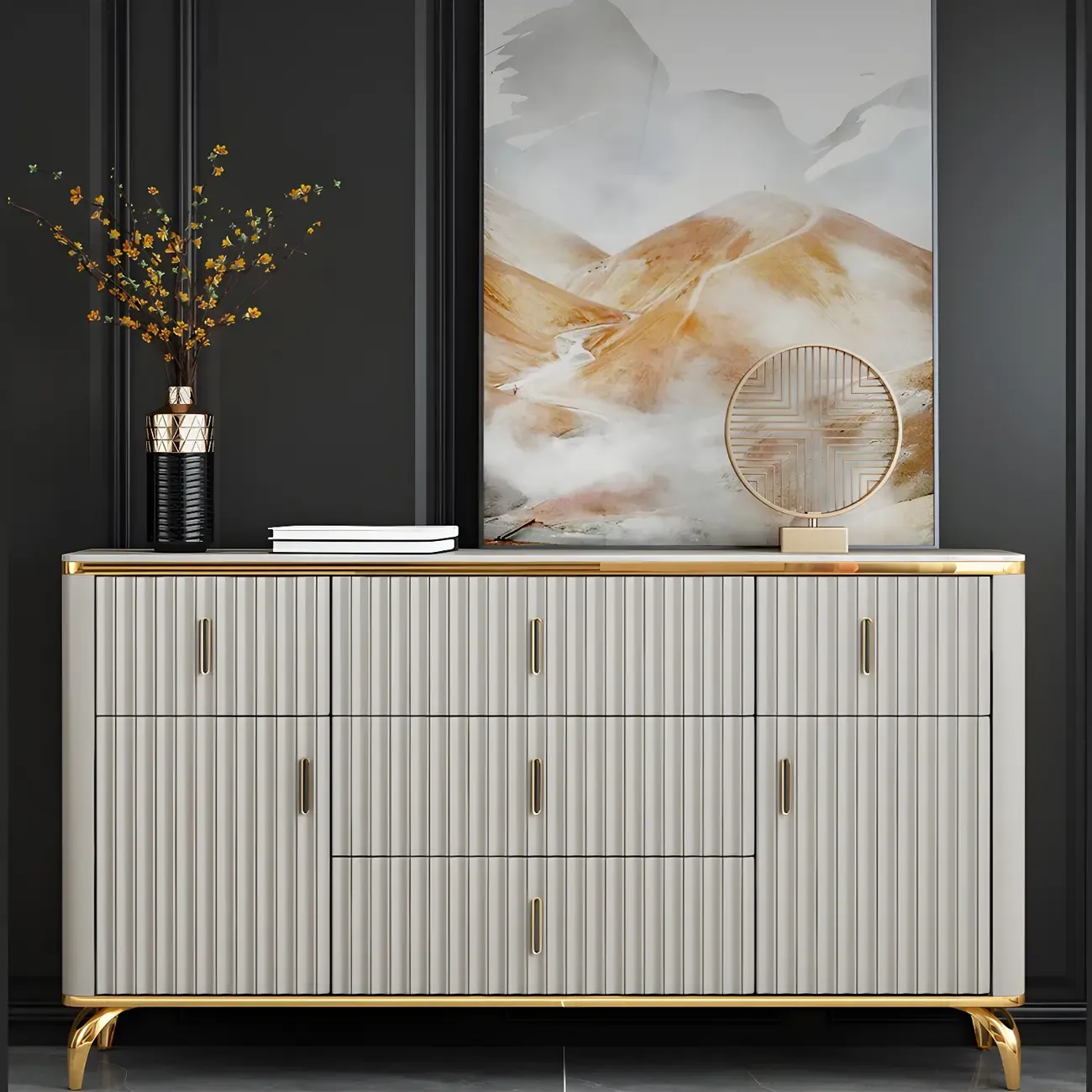 Elegant Gray Wooden Dressers & Chests with Gold Handles