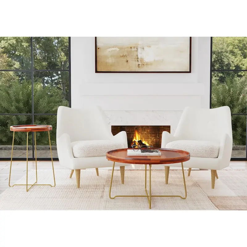 Gold Iron And Natural Wood Round Accent Table by