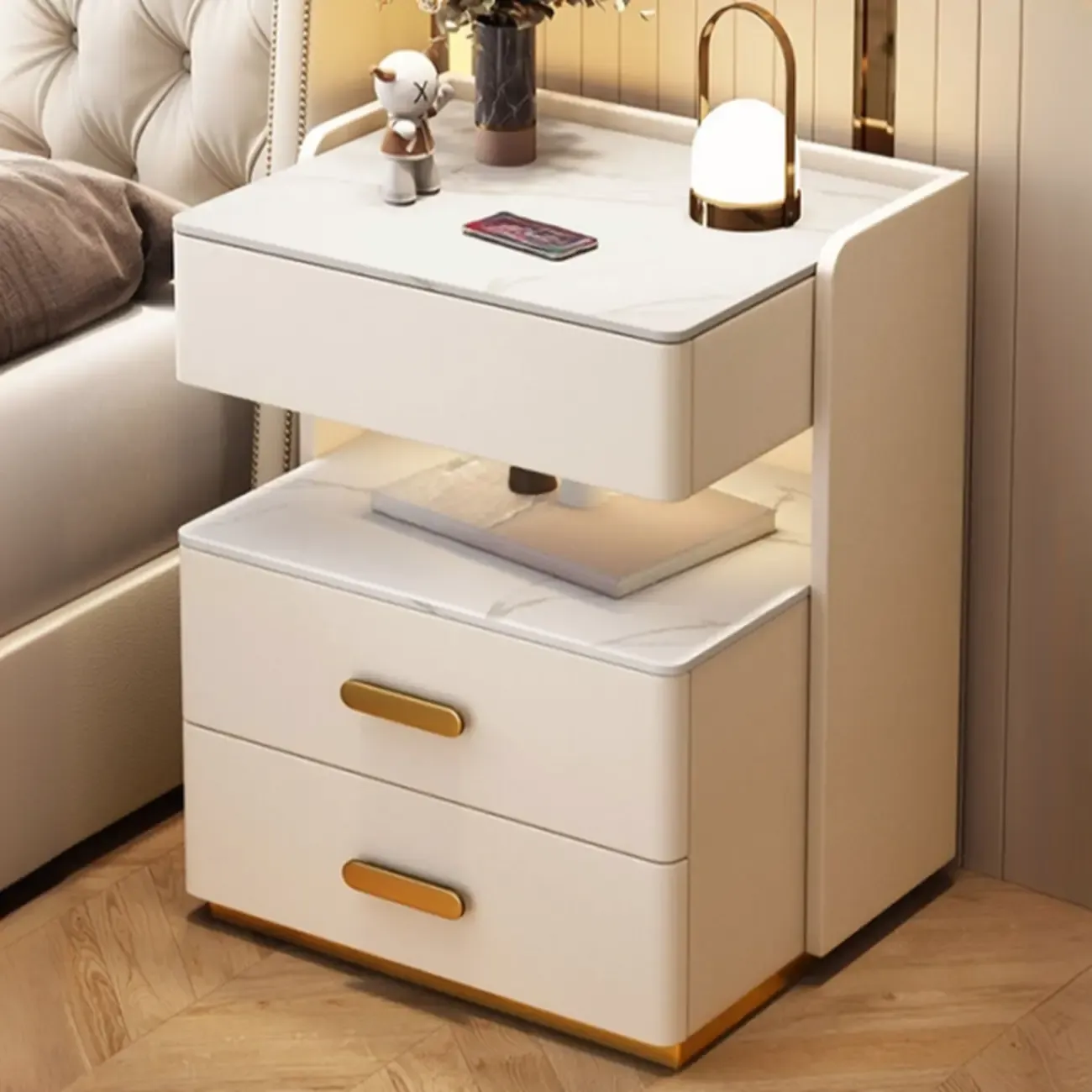 Modern Leather-Faced Nightstand with Storage and LED Light - Beige