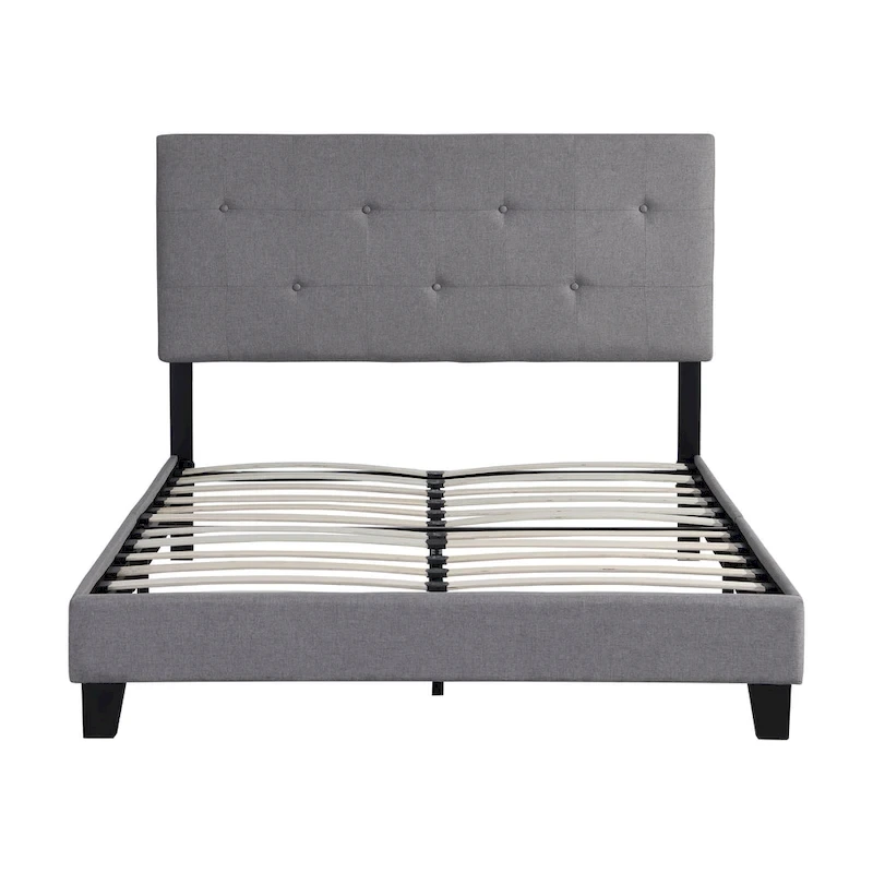 Grey Linen Upholstered Full Size Platform Bed with Pull Point Tufted Headboard, Strong Wood Slat Support, No Box Spring Needed