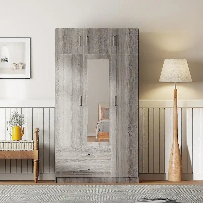 3-Door Mirror Wardrobe with 2 Drawers and Top Cabinet