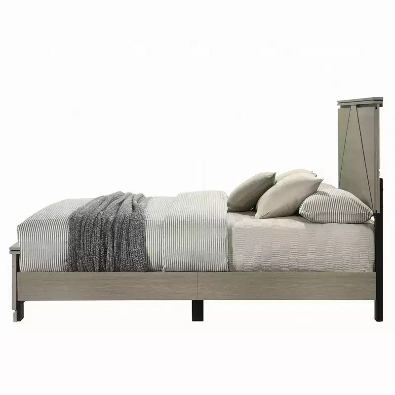 Royal Hampton Queen Bed, Panel Headboard with LED, Weathered Gray Wood, Modern Style