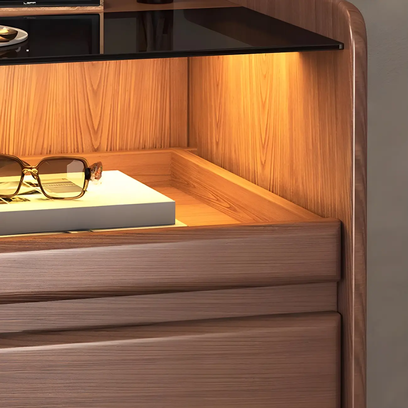 Nut-Brown Wood Glass Top Drawer Nightstand with Light