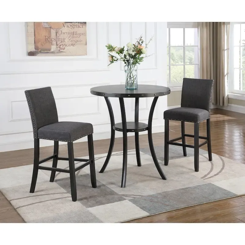Roundhill Furniture Biony 3-Piece 36  Round Espresso Bar Table with 2 Nail Head Barstools