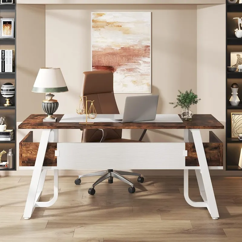 63 Inches Large Executive Desk with Bottom Shelves