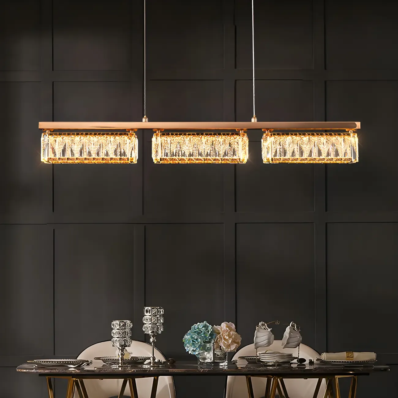 Kitchen Modern Crystal Gold Rectangular Pendant Light