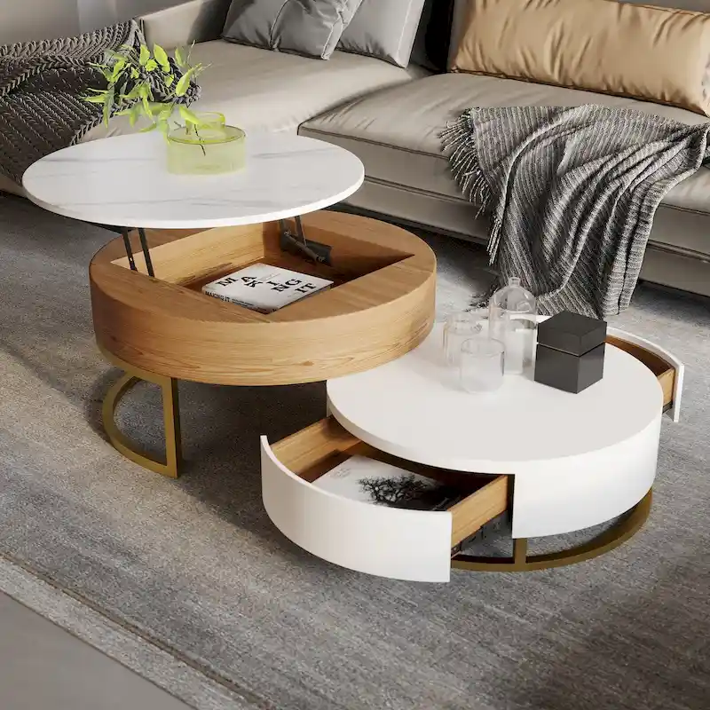 Round Wood Lift-top Nesting Coffee Table with Rotatable Drawers