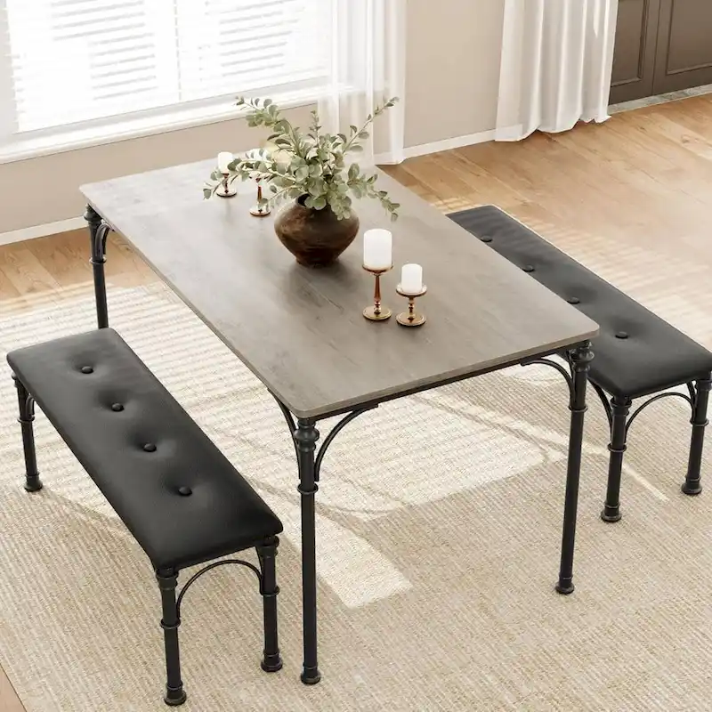 Dining Table Set for 4 with 2 Upholstered Bench