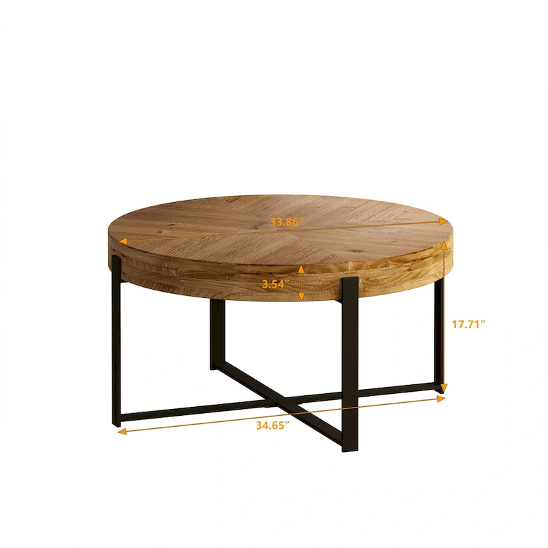 33.86 Modern Retro Splicing Wooden Round Coffee Table with Cross Legs Base