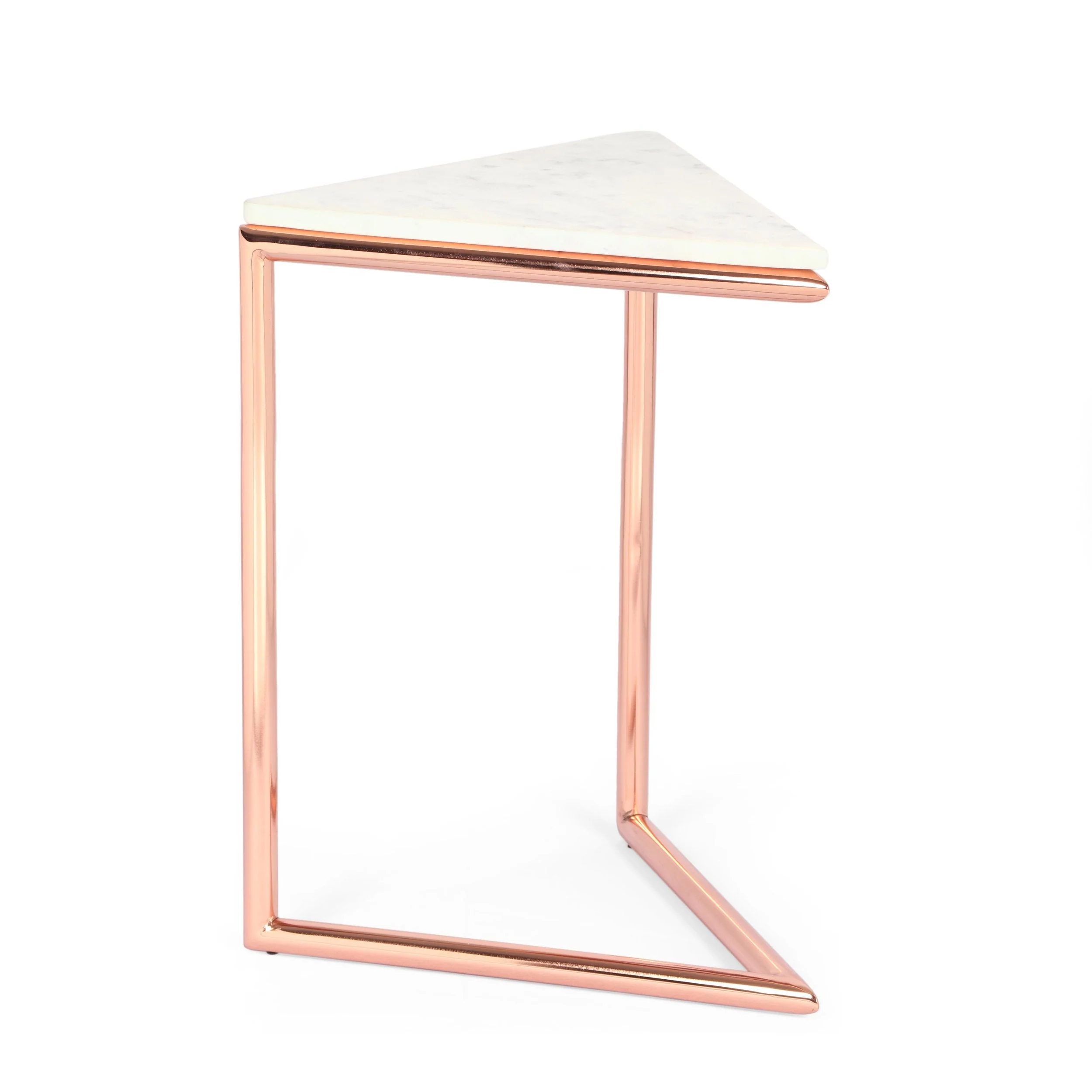 Modern Glam Handcrafted Banswara Marble Top C-Shaped Side Table, White and Rose Gold - NH322513