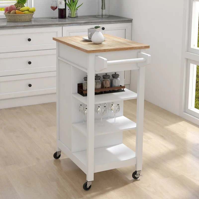 Kitchen Island Rolling Cart with Adjustable Shelves and Towel Rack, Rubberwood Top