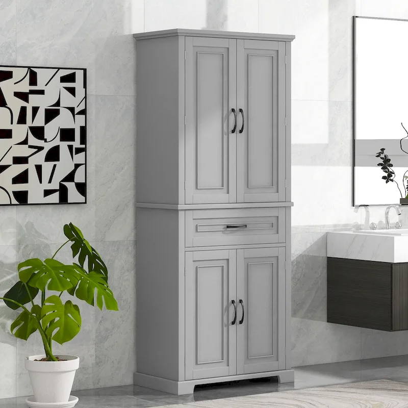 Tall Bathroom Storage Cabinet, Grey/Black/White, 4 Doors 1 Drawer, Adjustable Shelf
