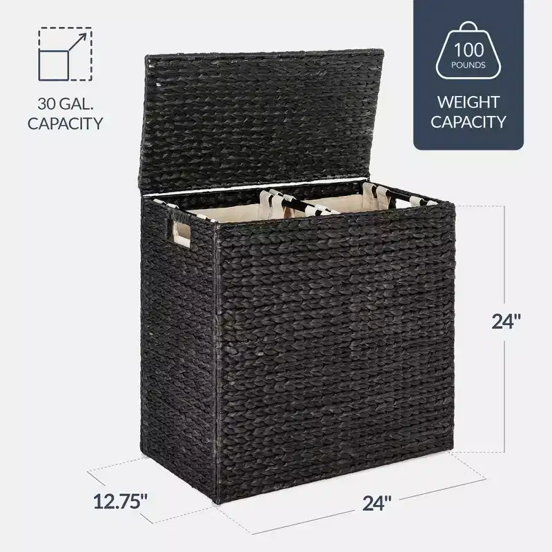 Best Choice Products Large Natural Water Hyacinth Double Laundry Hamper Basket w/ 2 Liner Bags, Handles